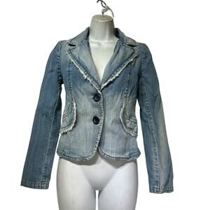 Rampage Jeans Distressed Denim Blazer Jacket Women’s Small Blue Fringe Trim Y2K